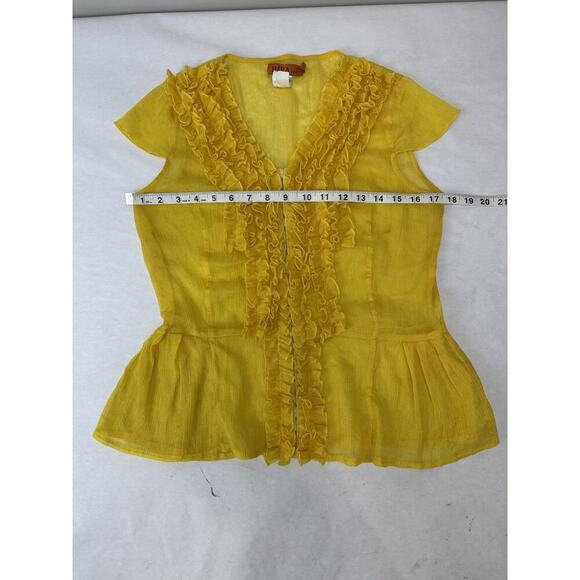 Vintage Y2K Sheer Yellow Top Cinched Waist Ruffles Romantic Fairycore Large USA - Picture 6 of 10